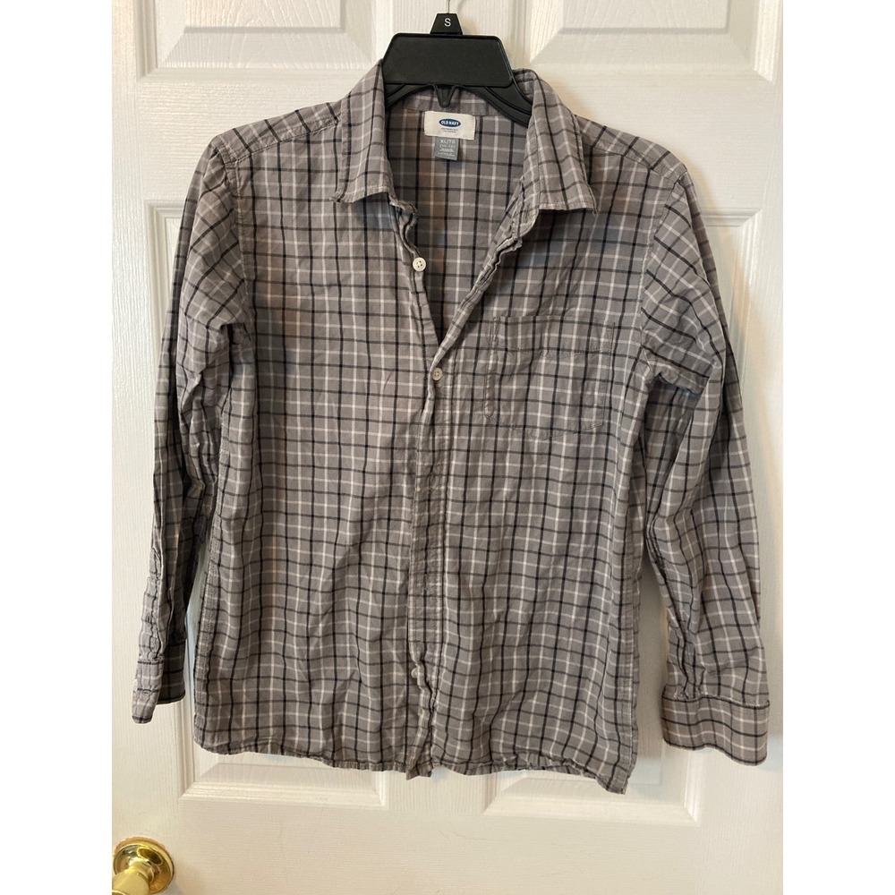 Old Navy Boys XL‎ 14-16 Plaid Button Down Shirt Grey Black Long Sleeve Regular